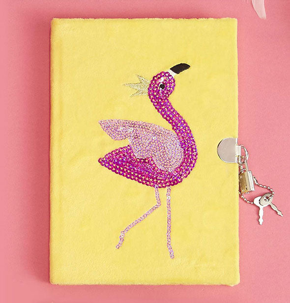 Yellow diary with pink rhinestone flamingo design