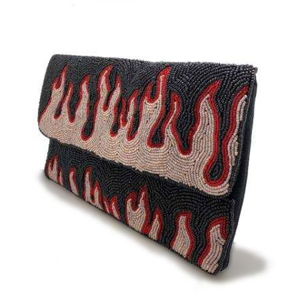 Beaded flames clutch from a three-quarter view
