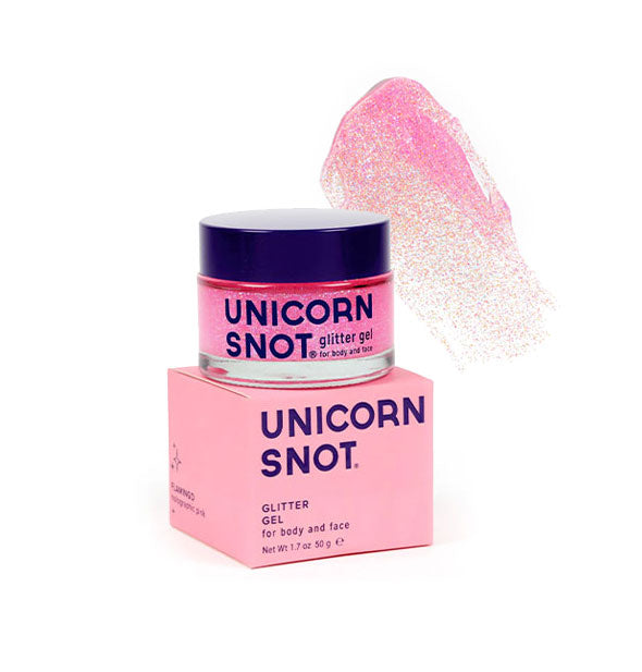 Pot of pink Unicorn Snot Glitter Gel with sample product application at top right in the shade Flamingo