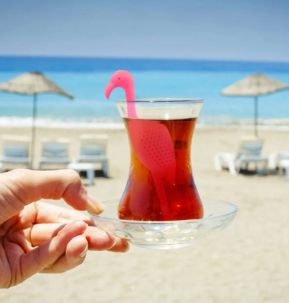 A model's hand holds a glass saucer and tea mug with a pink flamingo diffuser inside in front of a beach backdrop