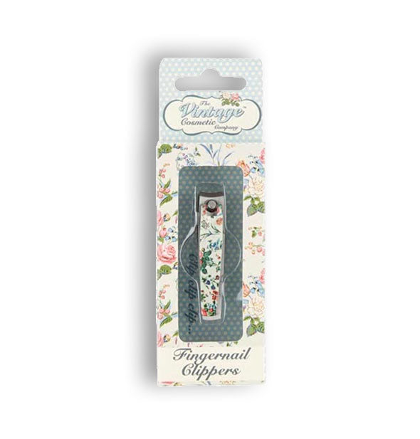 Floral print nail clippers by The Vintage Cosmetic Company in floral and polkadot packaging