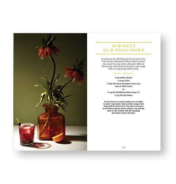 Page spread from Floral Libations features a recipe for a Hibiscus Old Fashioned