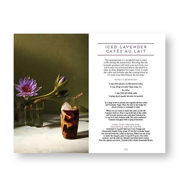 Page spread from Floral Libations features a recipe for Iced Lavender Cafés Au Lait