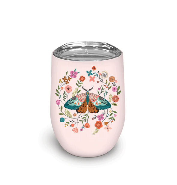 Blush pink drink tumbler with clear lid features colorful illustration of a moth surrounded by flowers and vines