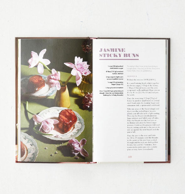 Page spread from Floral Provisions features a recipe for Jasmine Sticky Buns with dynamic photograph