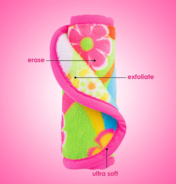 A rolled-up MakeUp Eraser with colorful retro-style floral pattern is labeled, "Erase; Exfoliate; Ultra Soft"