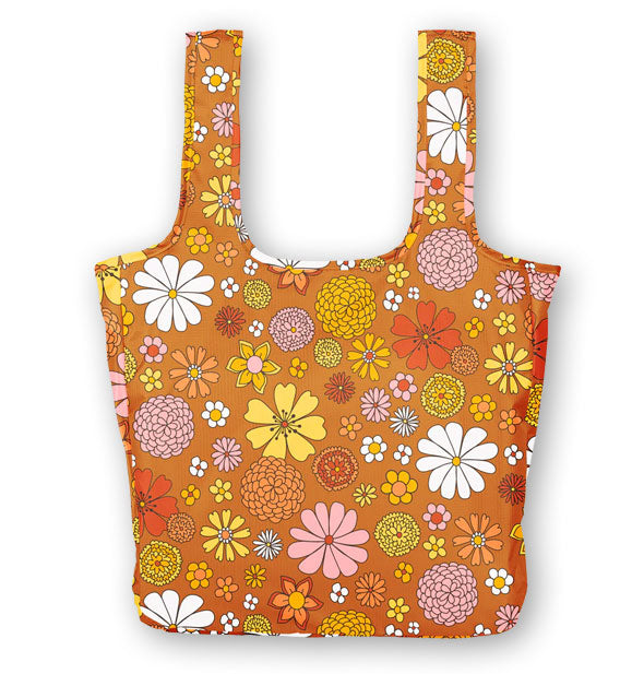 Large brown tote bag with all-over retro-style flower illustrations in orange, pink, yellow, and white
