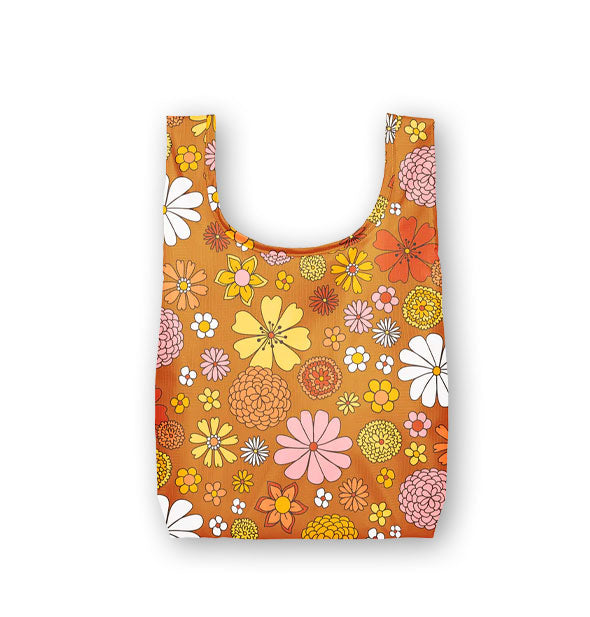 Small brown tote bag with all-over retro-style flower illustrations in orange, pink, yellow, and white