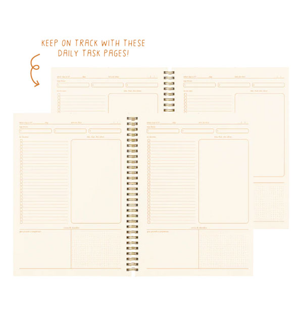 Spiral-bound notebook interior is labeled, "Keep on track with these daily task pages!"