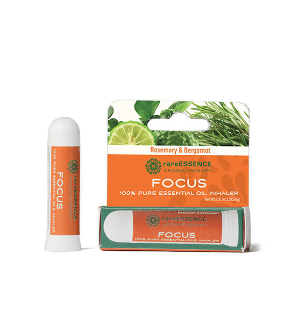 Tube of Rosemary & Bergamot Focus 100% Pure Essential Oil Inhaler by Rare Essence Aromatherapy with box packaging
