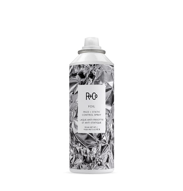 5 ounce can of R+Co Foil Frizz + Static Control Spray with crinkled aluminum design