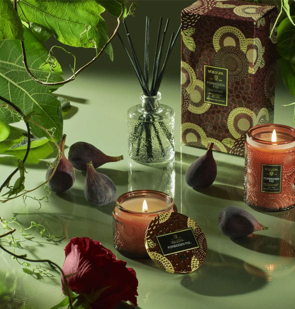 Embossed glass jar Voluspa candles staged with decorative box, diffuser, figs, and florasl
