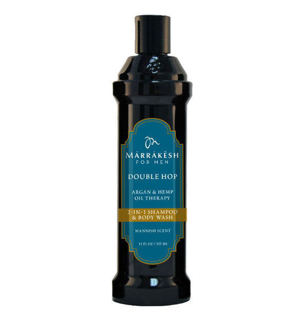 Dark 12 ounce bottle of Marrakesh for Men Double Hop 2-In-1 Shampoo & Body Wash with blue label