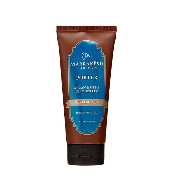Brown bottle of Marrakesh for Men Porter Argan & Hemp Oil Therapy Styling Gel with blue label and black cap