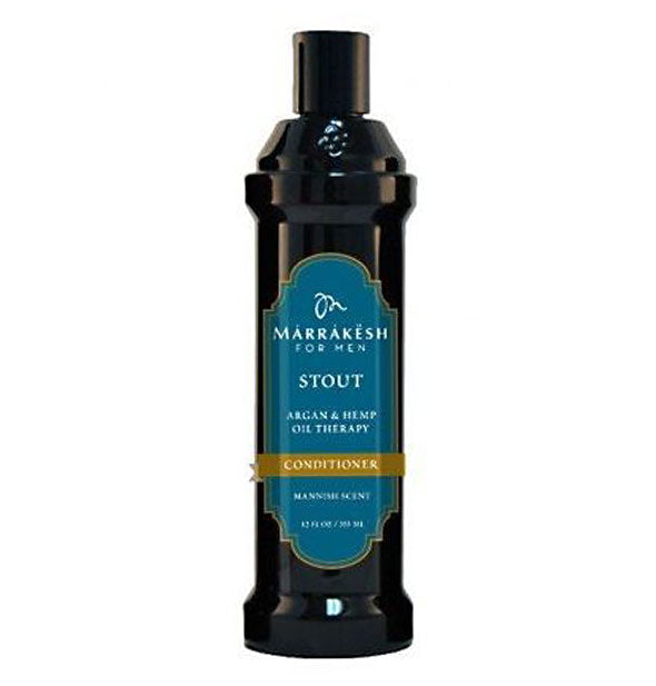 Dark 12 ounce bottle of Marrakesh for Men Stout Conditioner with blue label