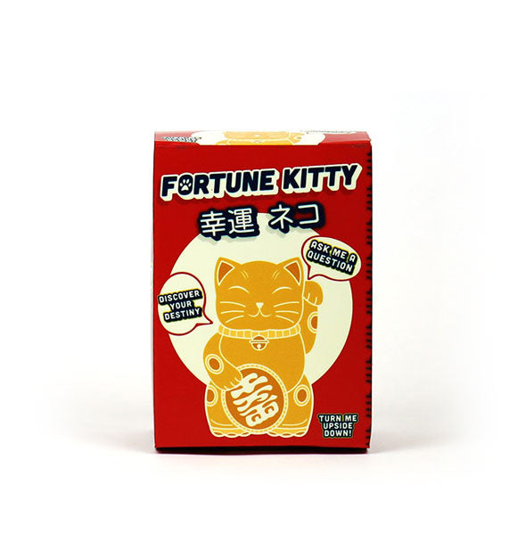 Red, white, black, and gold Fortune Kitty box with some Japanese characters