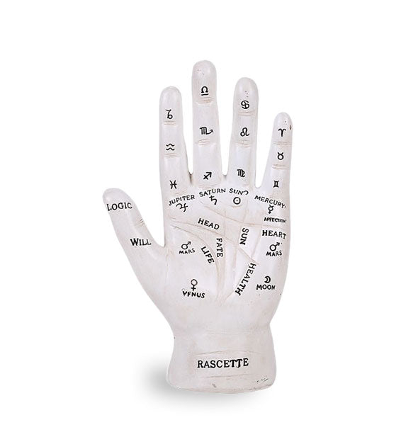White hand figurine with engraved black astrological and palmistry symbols
