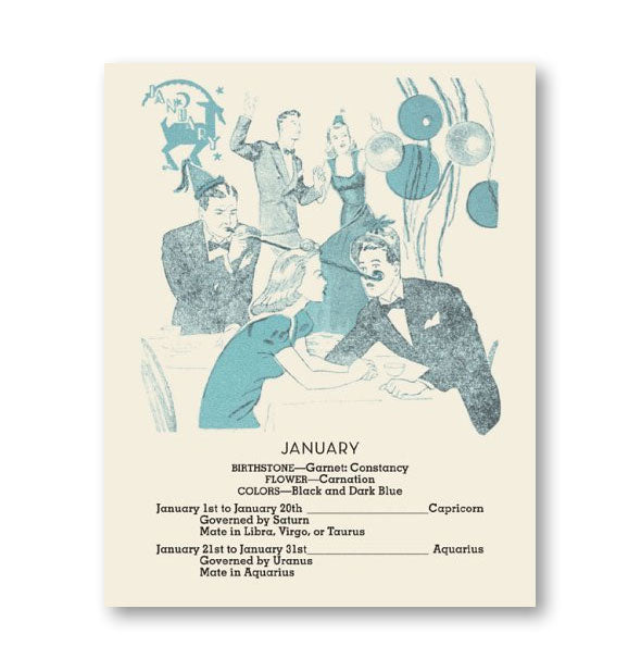 Sample page from the Fortune-Telling Birthday Book with information for January with retro-style illustration