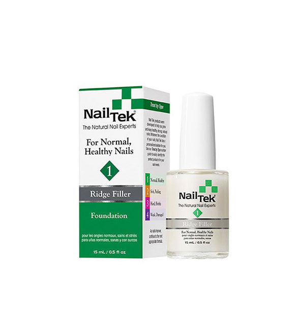Box and half-ounce bottle of Nail Tek Foundation Ridge Filler 1 for normal, healthy nails