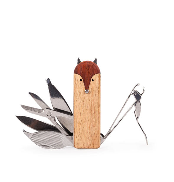 Wooden fox nail care tool with all components shown: clipper, scissor, file, blade, and cuticle pusher