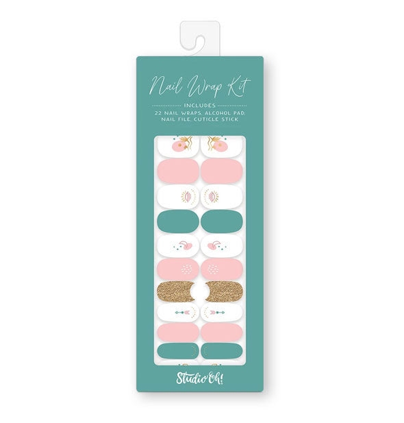 Nail Wrap Kit by Studio Oh! features pink, white, and teal bohemian designs