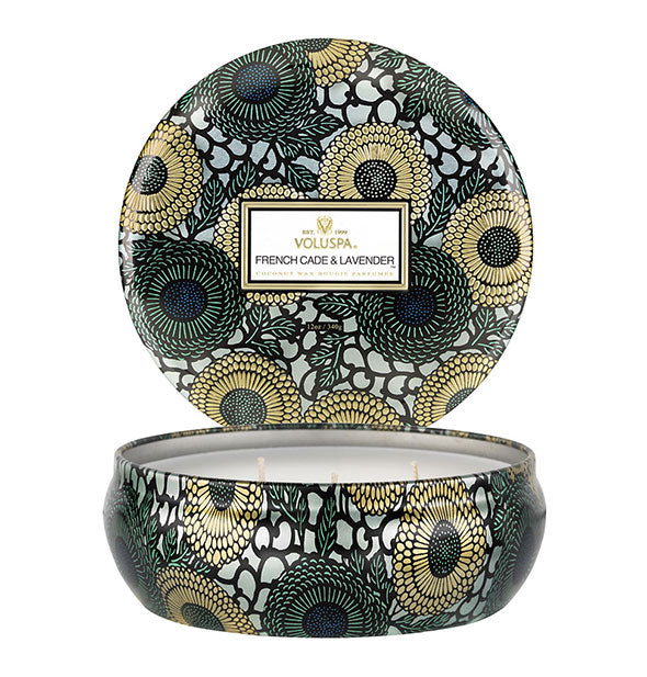Dark green and gold floral patterned French Cade & Lavender Voluspa candle tin