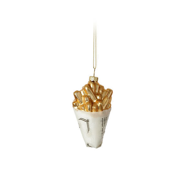 Painted glass ornament resembles a cone filled with French fries