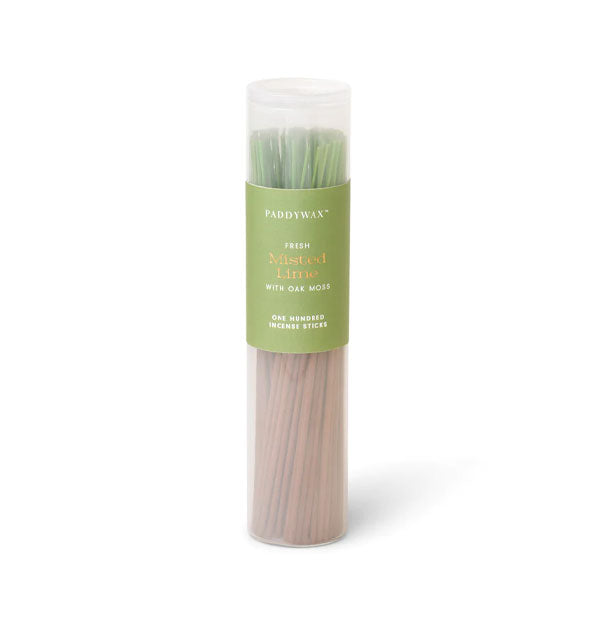 Frosty glass tube filled with 100 sticks of Fresh Misted Lime With Oak Moss incense by Paddywax