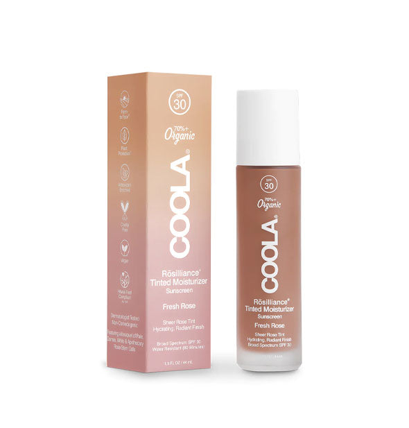 Bottle and box of COOLA Organic Rosilliance Tinted Moisturizer Sunscreen in Fresh Rose