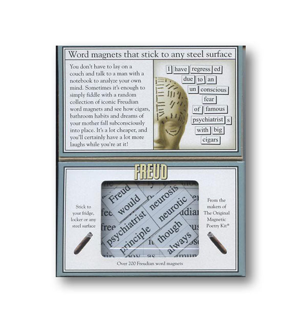 Freud by Magnetic Poetry Kit box interior with some sample word tiles shown