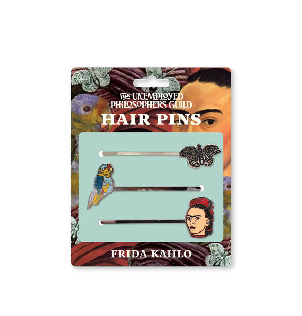 Set of three Frida Kahlo-themed hair pins by The Unemployed Philosophers Guild on colorfully illustrated product card