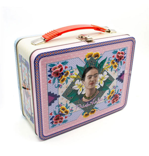 Three-quarter view of a lunchbox with Frida Kahlo portrait and design themes