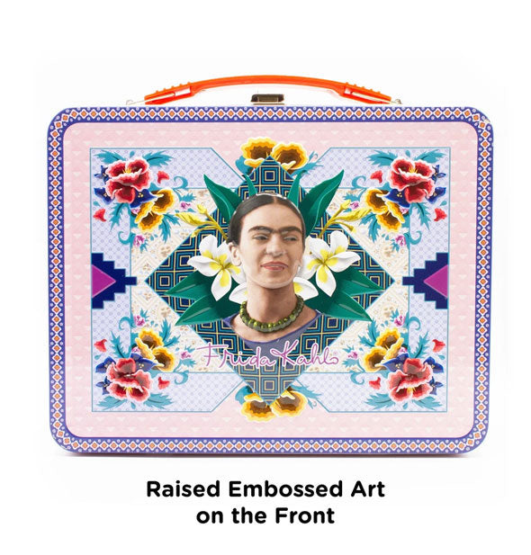 Frida Kahlo Lunchbox front view is captioned, "Raised Embossed Art on the Front"