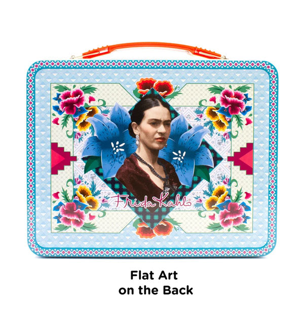 Frida Kahlo Lunchbox rear view is captioned, "Flat Art on the Back"