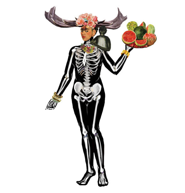 An assembled magnetic dress-up Frida Kahlo with skeleton body, antlers, and bowl of fruit