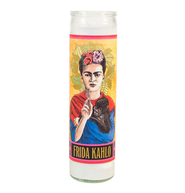 Prayer candle with image of Frida Kahlo holding a monkey above her printed name