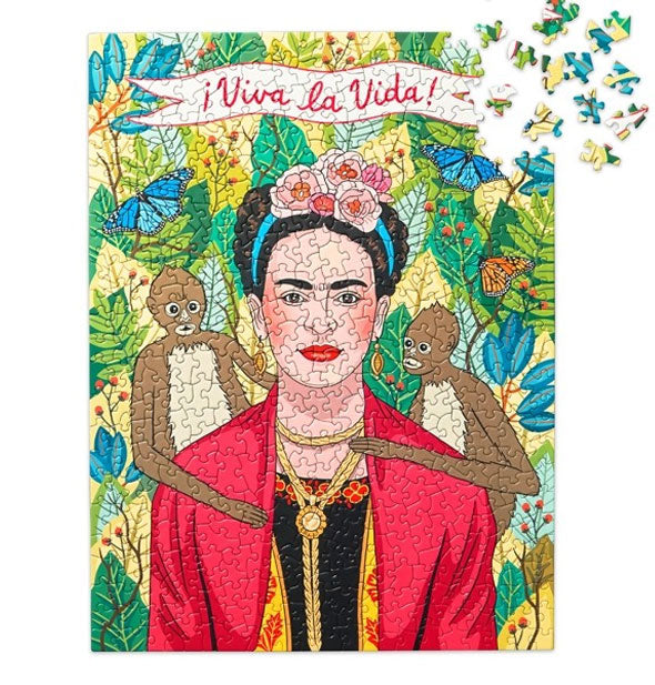 Frida Kahlo "Viva la Vida!" jigsaw puzzle shown with several pieces removed