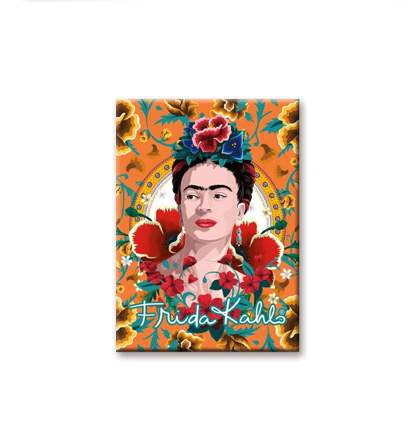 Rectangular magnet features an illustrated portrait of artist Frida Kahlo on an orange floral background with her name below in green outlined script