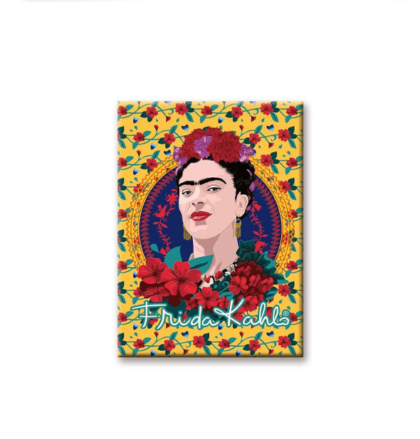 Rectangular magnet features an illustrated portrait of artist Frida Kahlo on a yellow floral print background with her name below in green outlined script