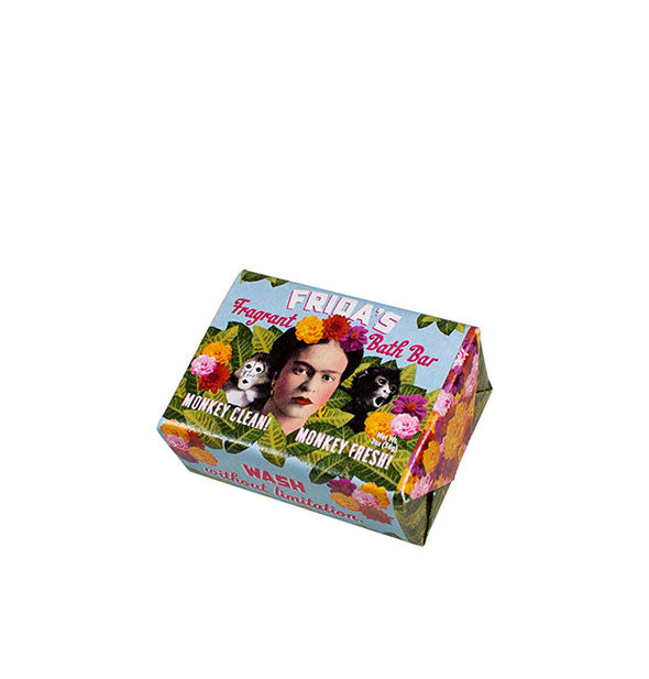 Bar soap wrapper with colorful portrait of artist Frida Kahlo with flowers and monkeys says, "Frida's Fragrant Bath Bar: Monkey Clean! Monkey Fresh!"