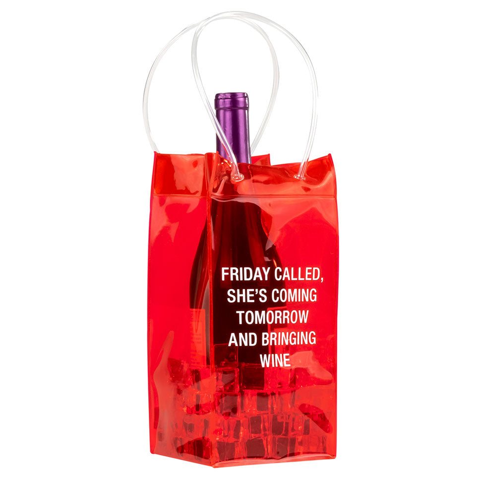 Red plastic Friday Called tote holds a bottle of wine and ice cubes