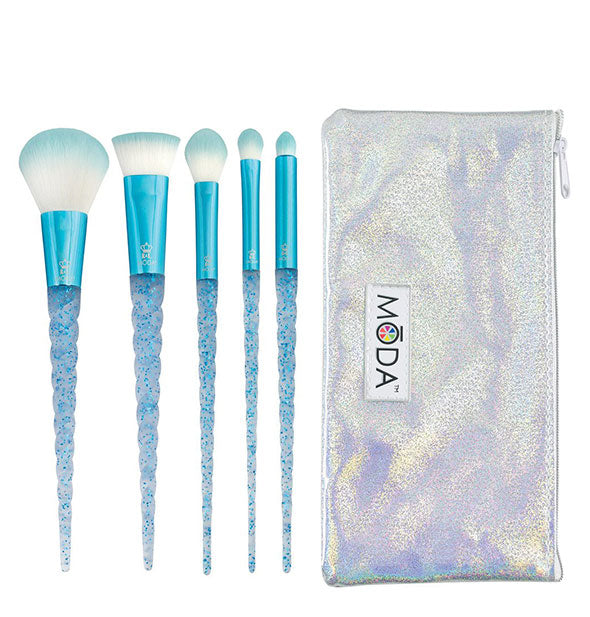 Makeup brush kit by Moda includes five blue brushes with sparkly unicorn horn handles and an iridescent zippered storage bag