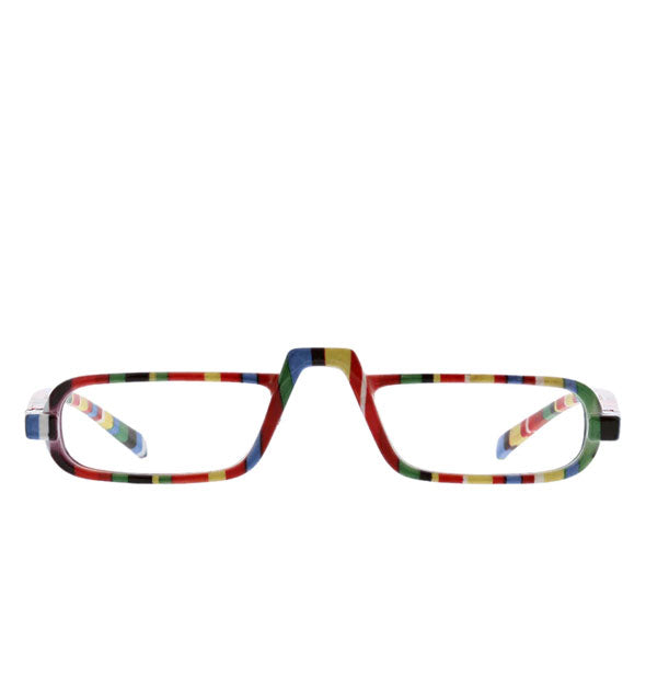 Pair of reading glasses with raised nose bridge and colorful all-over stripes