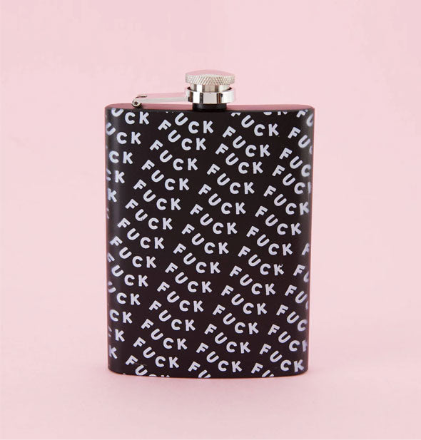 Black rectangular flask is printed with the word, "Fuck" in white lettering repeated all over it