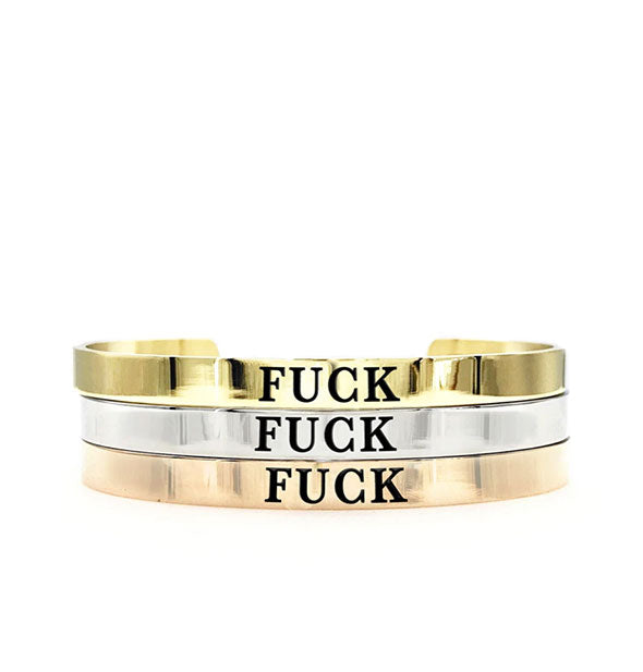 Metal thick bracelets say fuck in gold silver and rose gold