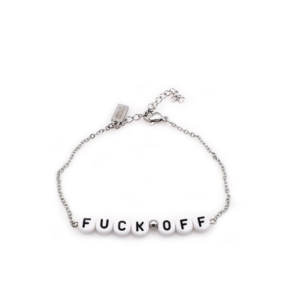 Silver chain bracelet with white and black letter beads that spell out, "Fuck Off"
