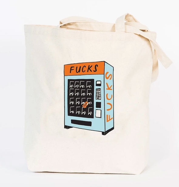 White canvas tote bag with illustration of nearly-empty vending machine marked, "Fucks"