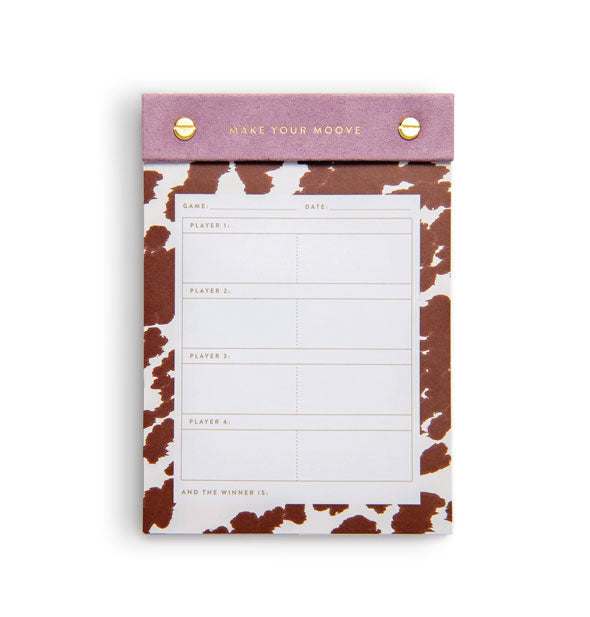 Note pad for game scoring features a brown and white cowhide print border and purple suede header stamped with the words, "Make Your Move" in metallic gold foil between two gold bolts