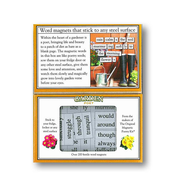 Garden Poet by Magnetic Poetry Kit box interior shows some sample word tiles