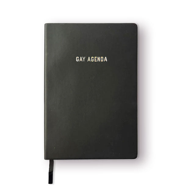 Black journal with ribbon place marker extending from the bottom is stamped with the words, "Gay Agenda"